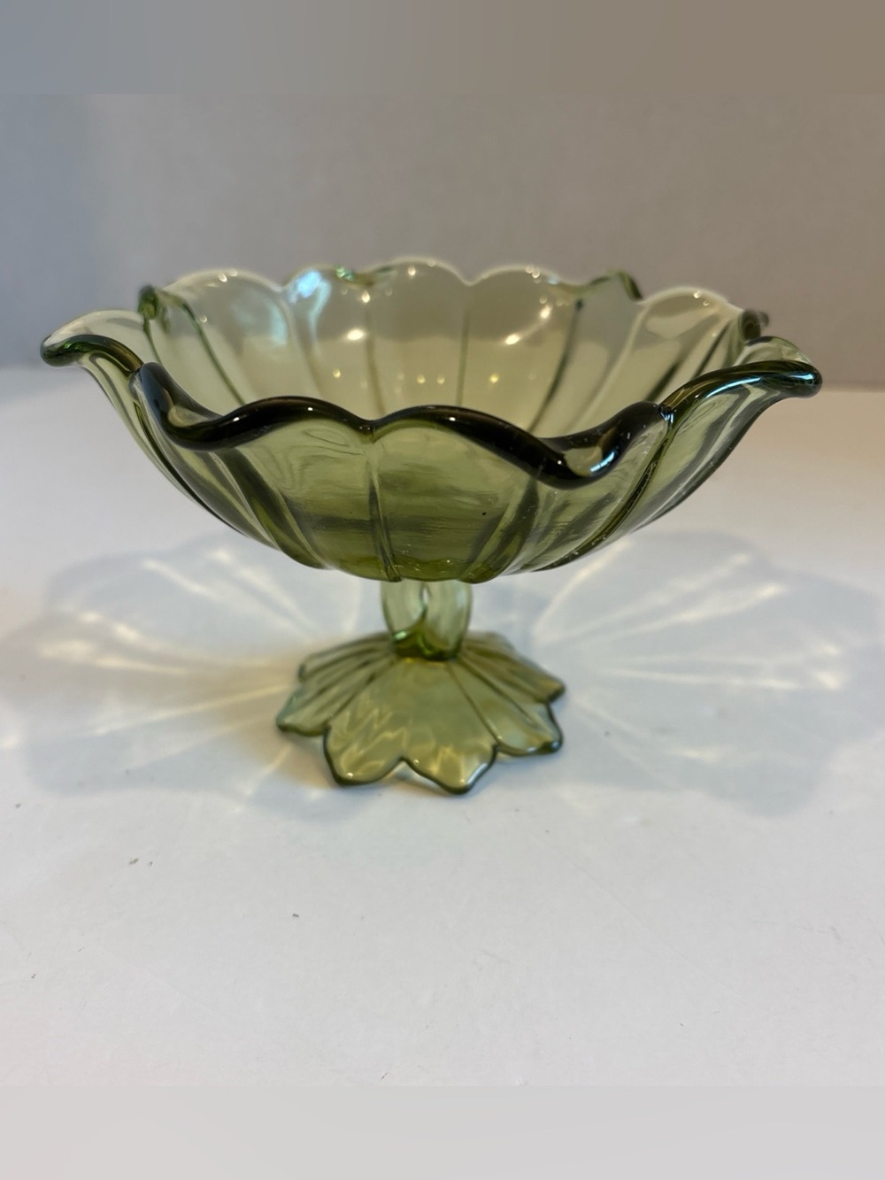 Vintage Westmoreland Green Depression Glass Lotus Split Stem Candy Dish Compote